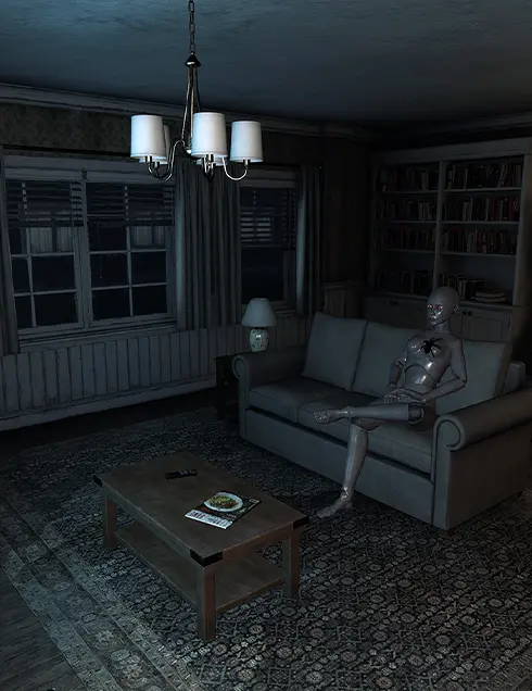 Le Salon de la maison avec un manequin Cursed Souls - Escape Game en Réalité Virutelle Bourgoin
